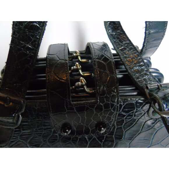 Vintage 1960's Blue Alligator Handbag Made In Italy Gold Tone Hardware - Picture 4 of 10